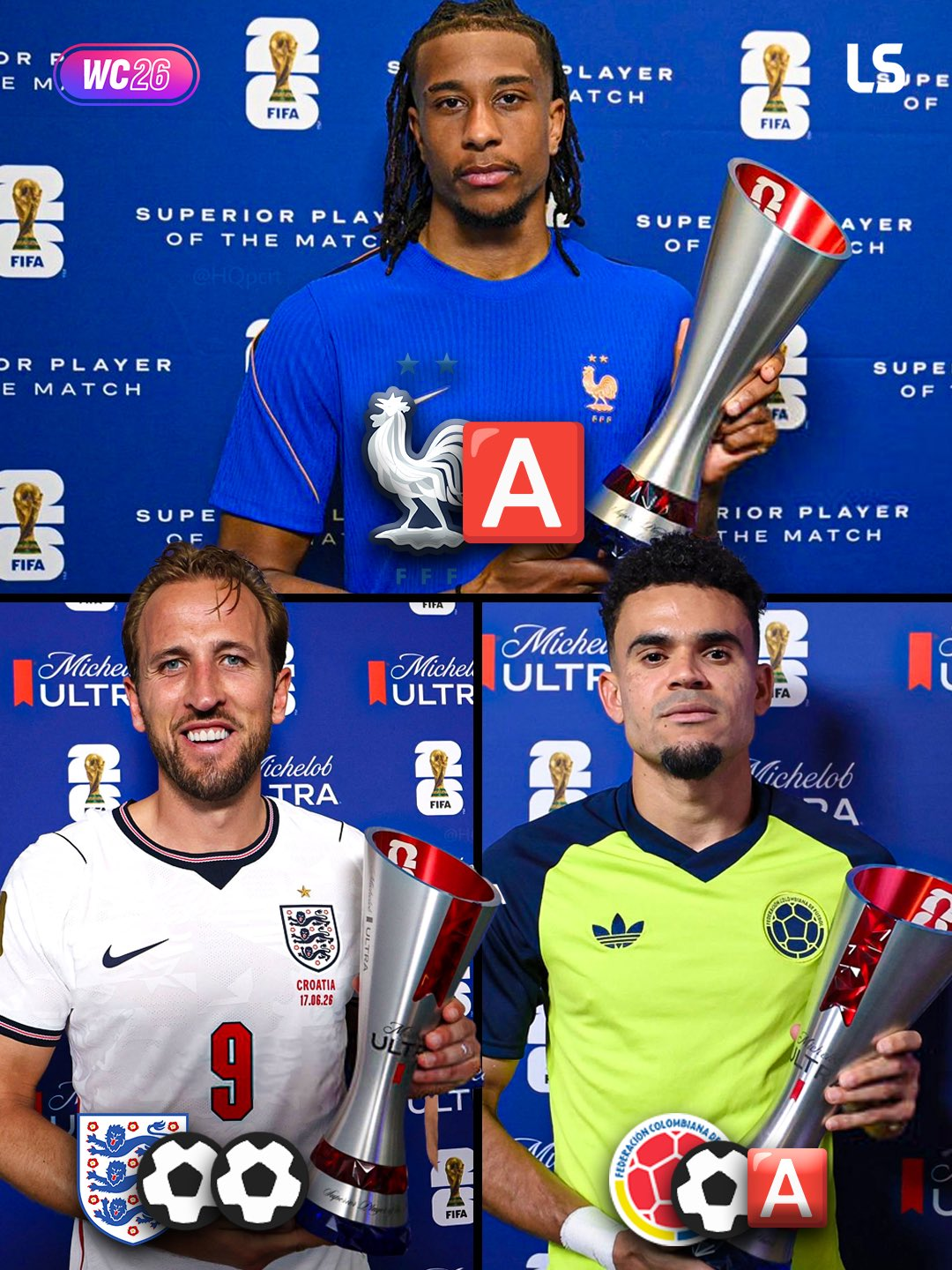 바이에른 뮌헨 공격 삼총사가 2026 북중미 월드컵 첫경기에서 나란히 최우수선수에 올랐다. 위에서 시계방향으로 프랑스 마이클 올리세, 콜롬비아 루이스 디아스, 잉글랜드 해리 케인. 에브리씽어바웃풋볼 SNS